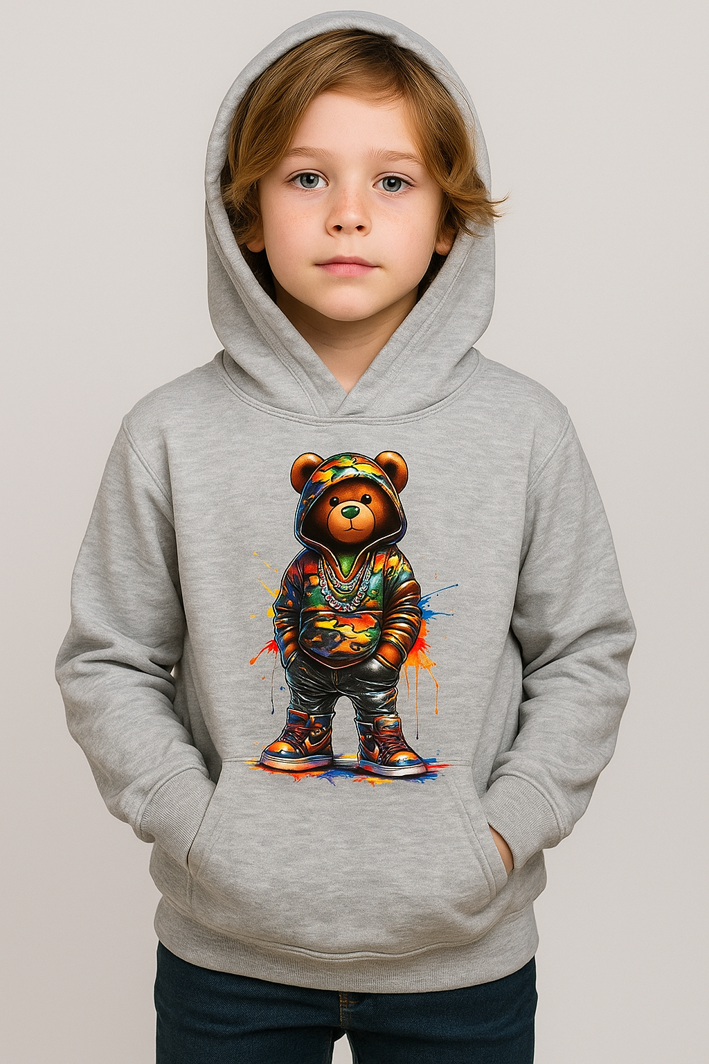 Grey Small Kid Cool Bear Hoodie