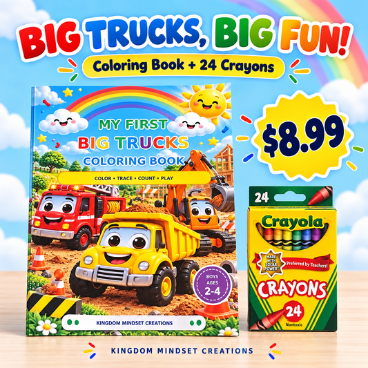 My First Big Trucks Coloring Book + 24 Crayola Crayons — $8.99

Big trucks, big smiles, and colorful adventures! Give your little truck lover a fun way to explore creativity with this coloring book and crayon bundle from Kingdom Mindset Creations.